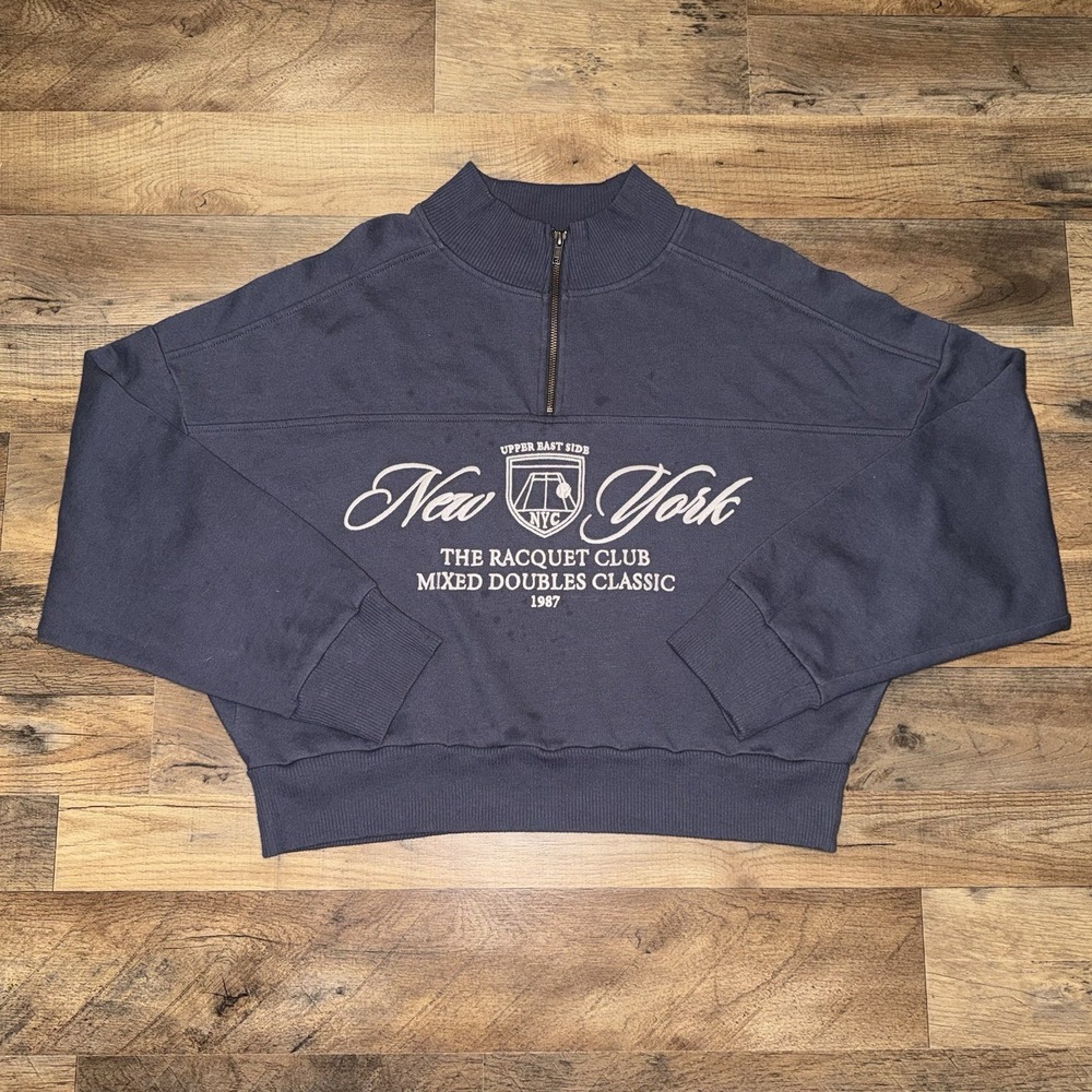 aero dwntme Navy 1/4 Zip Mock Neck Sweatshirt Women's XL New York Racquet Club